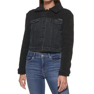 DKNY Jeans Black Sherpa Sleeve Cropped Mixed Media Denim Jacket, Size Large